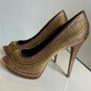 Satin Bronze Peep-Toe Platform Stiletto Party Prom Birthday Heels w/ Rhinestones